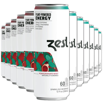 Zest Plant Powered Natural Energy Sparkling Drink - Pomegranate Mint - 150Mg Caffeine + 100 Mg L-Theanine - 12Oz Can 12 Pack - Low Sugar, 60 Cals, Healthy Coffee Substitute, Non Gmo High Caff Blend