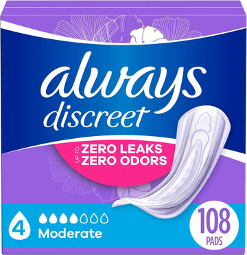 Always Discreet Adult Incontinence Pads For Women, Moderate Absorbency, Regular Length, Postpartum Pads, 108 Ct (Packaging May Vary)