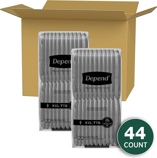 Depend Fresh Protection Adult Incontinence Underwear for Men (Formerly Depend Fit-Flex), Disposable, Maximum, Extra-Extra-Large, Grey, 44 Count (2 Packs of 22), Packaging May Vary