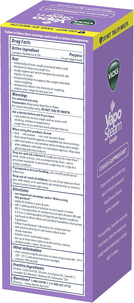 Vicks Vaposteam Lavender - Medicated Liquid With Camphor, Cough Suppressant - Helps With Cough Relief, Relaxation, And Comfortable Sleep, Use In Vaporizers And Humidifiers, 8 Oz