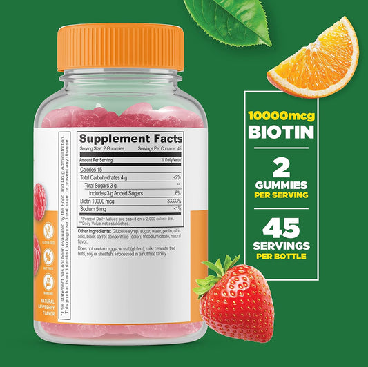 Lifeable Biotin Gummies 10,000Mcg - Great Tasting Natural Flavor Supplement Vitamins - Vegetarian Gmo-Free Chewable - For Beautiful & Glamorous Hair And Nails Growth - For Men Women Teens - 90 Gummies