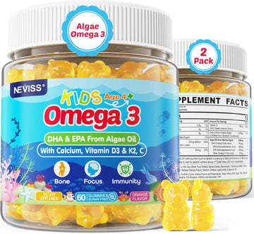 Kids Omega 3 Gummies With Calcium, Vitamin D3 & K2, C, Omega-3 Dha Gummies For Focus And Memory, Bone Health & Immune Support, Kids Omega3 Supplement - No Fish Taste, Non-Gmo, Chewable, 60 Counts