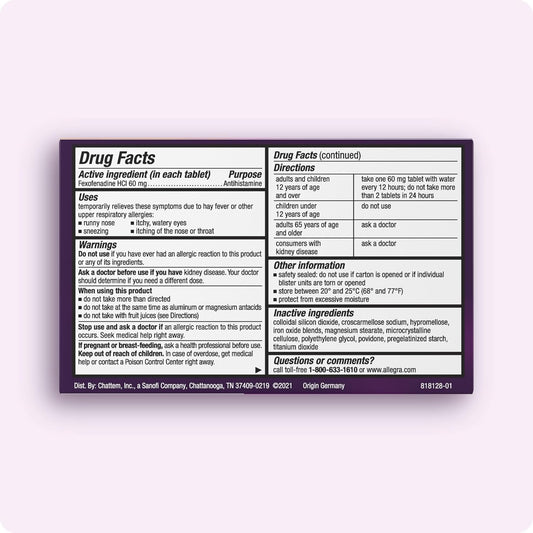 Allegra Adult 12-Hour Allergy Relief Tablets, Non-Drowsy Indoor And Outdoor Allergy Medicine, 60 Mg Fexofenadine Hci Antihistamine Pill, 12-Count
