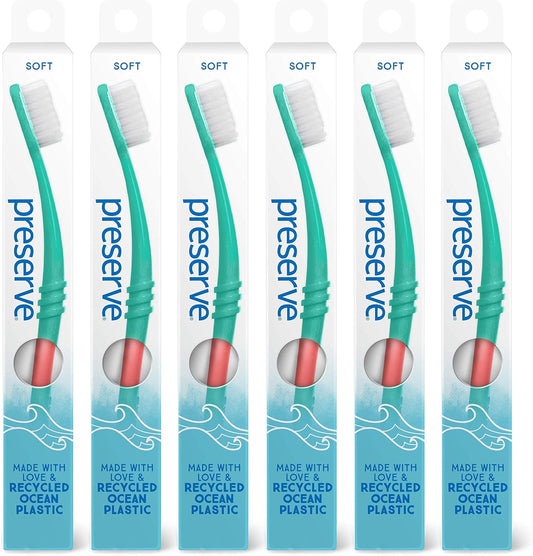 Preserve Ocean Plastic Initiative (Popi) Adult Toothbrush, Made In Usa From Recycled Ocean Plastic, Coral, Soft, 6 Count
