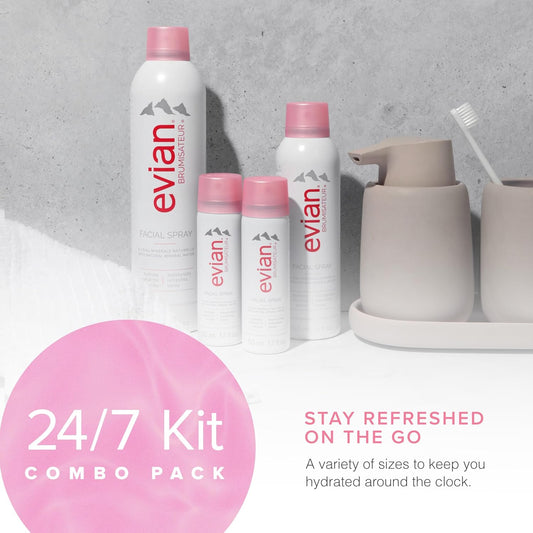 Brumisateur Evian Facial Spray 24/7 Kit - Hydrating Mineral Water Mist For Face & Skin - Refreshes Makeup, Sets, & Tones - Travel-Friendly Sizes For Daily Moisture Boost