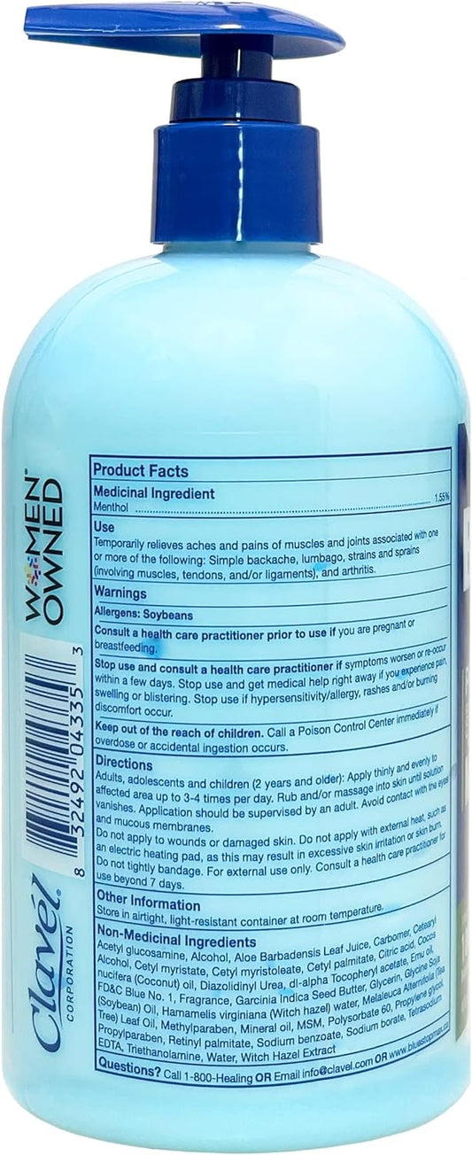 Blue Stop Max Muscle & Joint Relief Gel: Fast-Acting Sore Muscle, Back & Neck Relief Cream, Numbing Emu Oil Formula For Ankle, Leg Cramps, Tennis Elbow - 16 Oz Pump Bottle