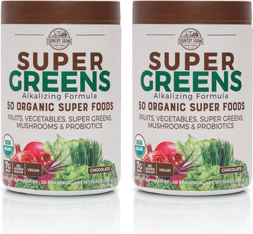 Country Farms Super Greens Chocolate Flavor, 50 Organic Super Foods, Usda Organic Drink Mix, Fruits, Vegetables, Super Greens, Mushrooms & Probiotics, Supports Energy, 40 Servings, 10.6 Oz, 2 Pack