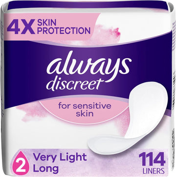 Always Discreet For Sensitive Skin Liners Light Long Absorbency, Four Times Skin Protection, Soft, Dermatologically Tested, Fragrance-Free, 114 Total Count (3 Pack Of 38)