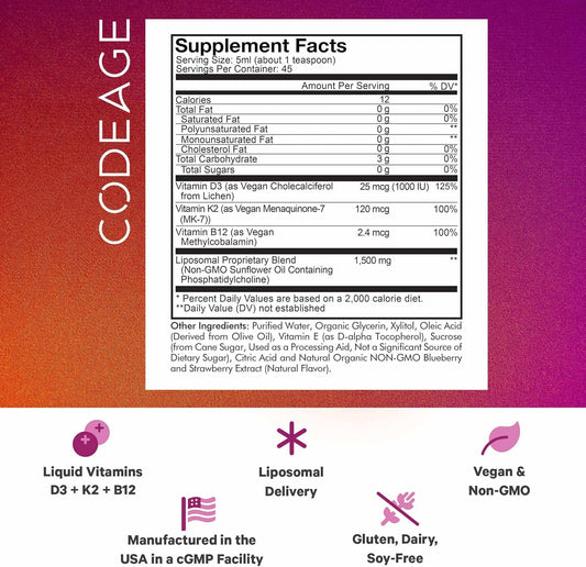 Codeage Liposomal Wonder-D, Vegan Cholecalciferol Vitamin D3 1000 Iu Liquid Drops Supplement, Plant-Based Vitamins B12 & K2, Non-Gmo Sunflower Phospholipids, Vitamin E, Mixed Berry Flavor, 7.6 Fl Oz