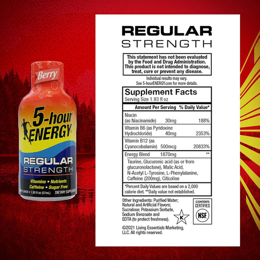5-Hour Energy Shots Regular Strength | Berry Flavor | 1.93 Oz. 30 Count | Sugar Free, Zero Calories | Amino Acids And Essential B Vitamins | Dietary Supplement | Feel Alert And Energized