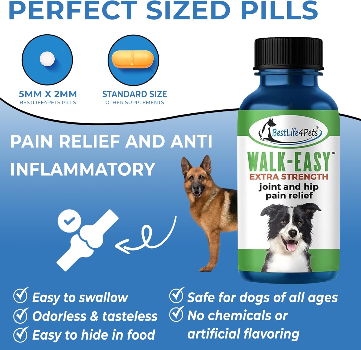 Walk-Easy Extra Strength Dog Joint Supplement – Natural Arthritis Pain Relief and Anti Inflammatory – Great for Large and Small Breeds - Easy to Use, no Taste or Smell (180 Pills) (1 Pack)