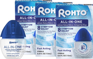 Rohto All-In-One Multi-Symptom Cooling Eye Drops, All-In-One Astringent, Lubricant & Redness Reliever Eye Drops For Irritated, Dry, Burning, Watery, Itchy, Red, Gritty Eyes, 0.4 Fl Oz Bottle
