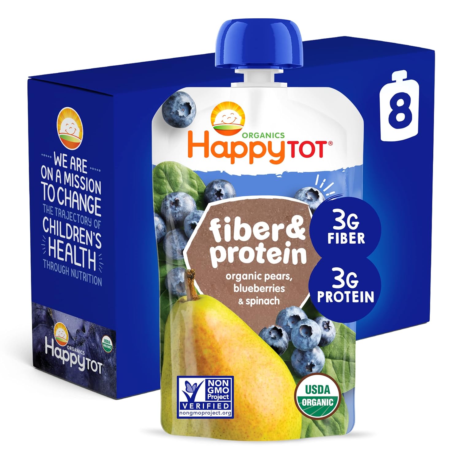 Happytot Organics Stage 4 Fiber & Protein, Pears, Blueberries & Spinach, 4 Ounce (Pack Of 8)