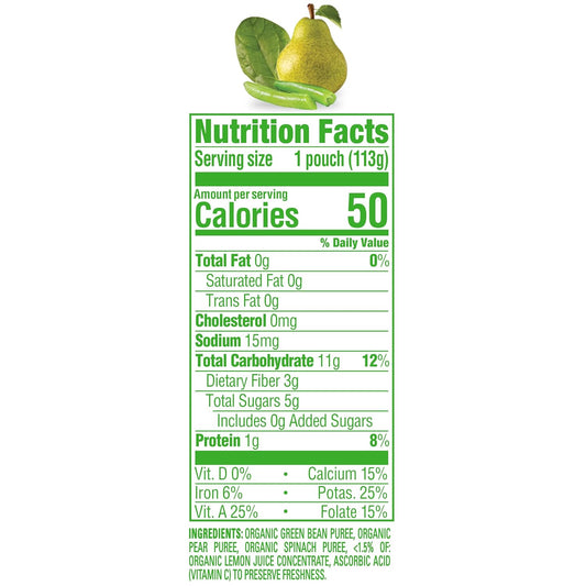 Happy Baby Organics Stage 2 Baby Food Pouches, Gluten Free, Vegan & Healthy Snack, Clearly Crafted Fruit & Veggie Puree, Green Beans, Pears & Spinach, 4 Ounces (Pack Of 16)