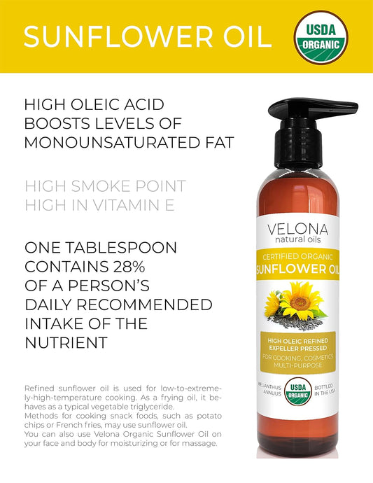 velona USDA Certified Organic Sunflower Oil - 8 oz | 100% Pure and Natural Carrier Oil | High Oleic, Refined, Cold Pressed | Cooking, Skin, Hair, Body & Face Moisturizing