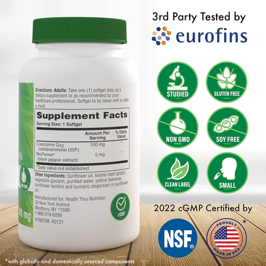 Health Thru Nutrition Coq-10 100Mg With Bioperine 120 Softgels | High Absorption Naturally Fermented Usp Grade Coenzyme Q10 | 3Rd Party Tested | Heart Health And Energy Support | Non-Gmo