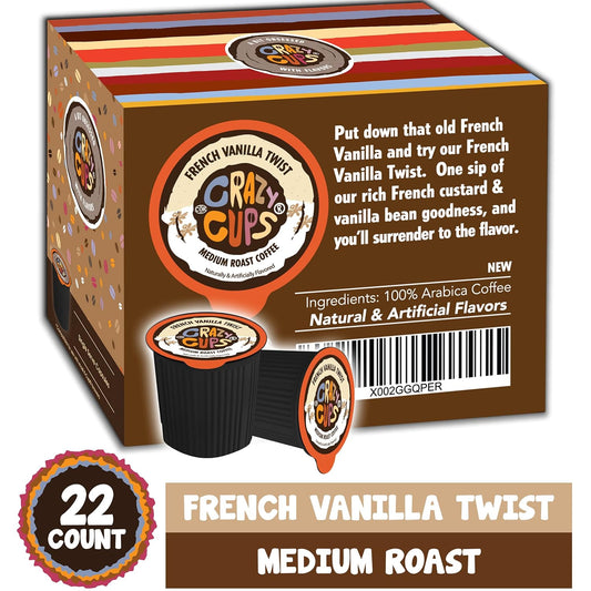 Crazy Cups Flavored Coffee Pods, French Vanilla Twist, French Vanilla K Cups, Single Serve Coffee For Keurig K Cups Machines, Hot Or Iced Coffee, Medium Roast Coffee In Recyclable Pods, 22 Count (Pack Of 1)