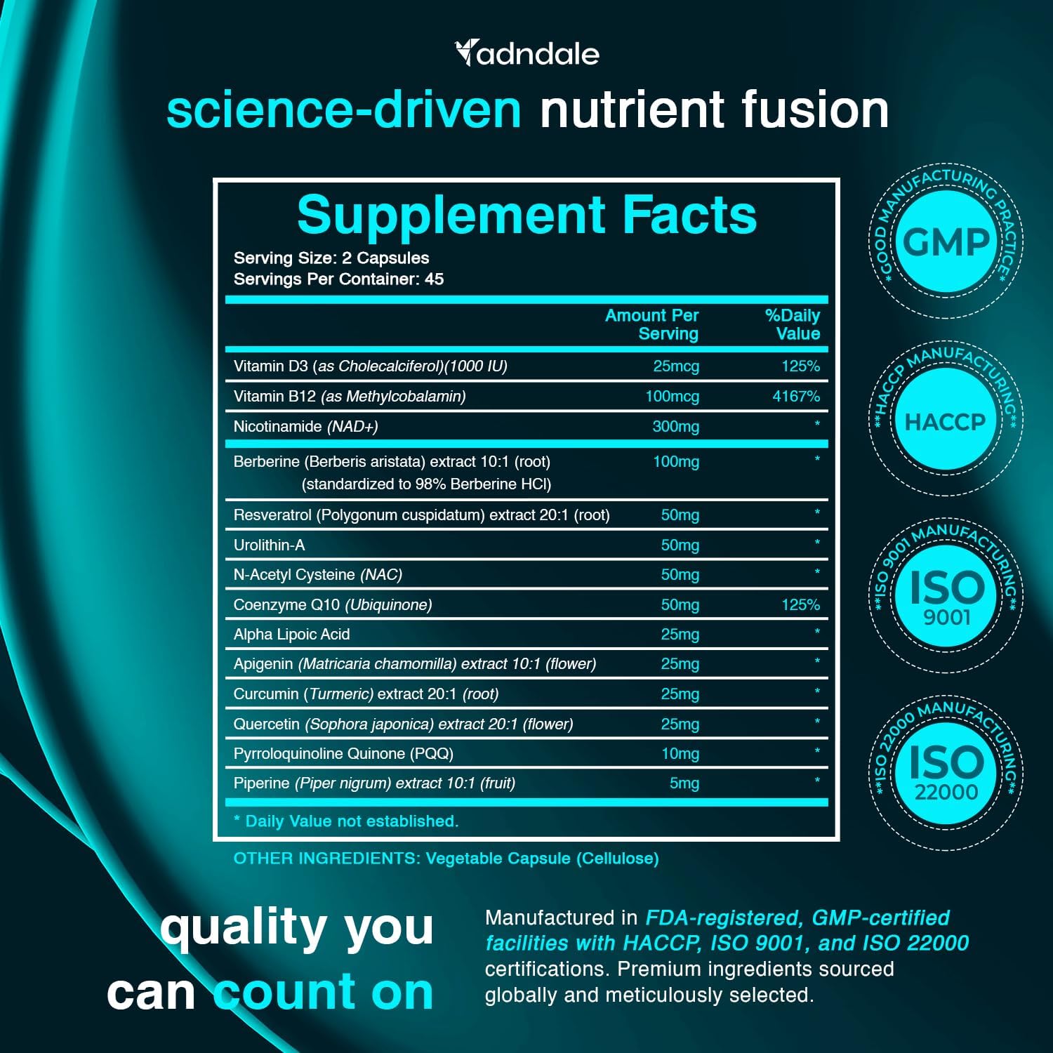 Adndale Nad Supplement. Longevity Formula With Liposomal Nad+, Trans Resveratrol, Quercetin, Berberine, Betaine Anhydrous, Grape Seed, Fisetin. Nad Resveratrol Supplement With Berberine 90 Capsules