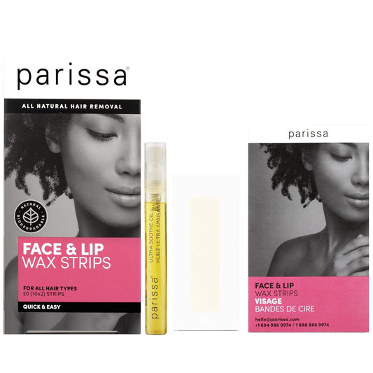 Parissa Face & Lip Wax Strips | Ready-To-Use Small Strips For Facial Hair Removal, Skin-Safe | At-Home Waxing Kit For Upper Lip, Chin & Face With Post-Wax Ultra Soothe Oil | 20 Strips (10 X 2)