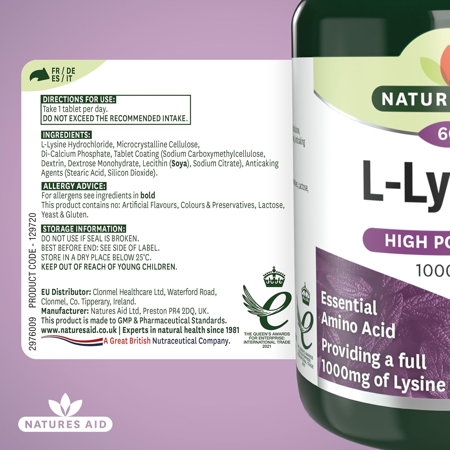 Natures Aid L-Lysine 1000mg – High Strength Essential Amino Acid – Supports Immune System, Muscle Recovery, Collagen, Bone Health & Energy – Vegan, Gluten-Free - 60 Tablets : Amazon.co.uk: Health & Personal Care