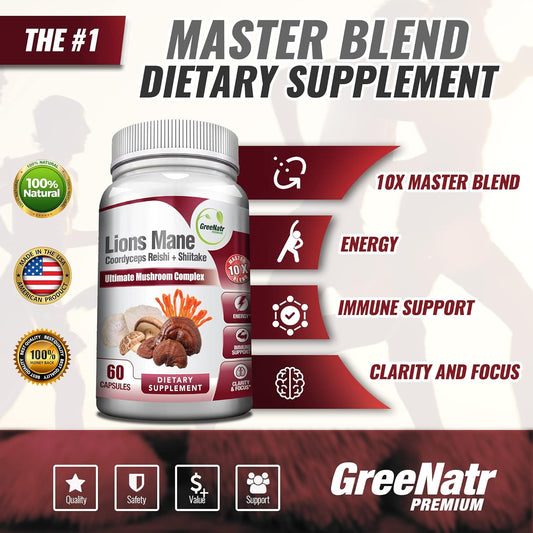 Greenatr Complete Mushroom Supplement -10 In 1 Complex With Lions Mane, Cordyceps, Shiitake, Chaga, Turkey Tail For Immune Support, Memory, Focus & Natural Energy Booster - 60 Capsules (1 Bottle)