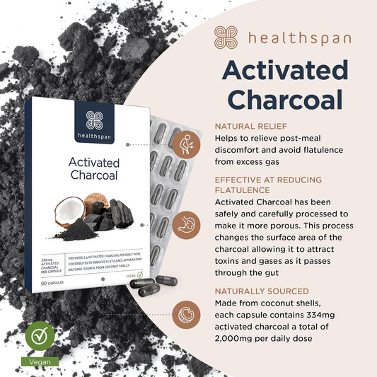 Healthspan Activated Charcoal (90 Capsules) | Contributes To Reduced Flatulence After Eating | 334Mg Activated Charcoal Per Capsule | Natural Source From Coconut Shells | Vegan