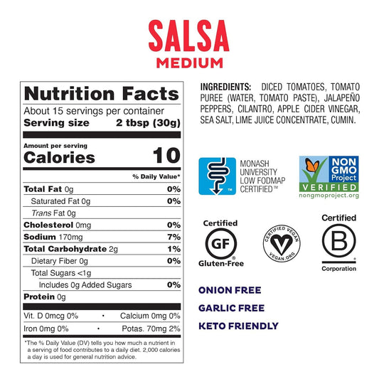 Fody Foods Medium Salsa, 16 Oz, Garlic And Onion Free, Low Fodmap Certified, Gut & Ibs Friendly, Vegan, Non-Gmo, Gluten Free, Keto Friendly