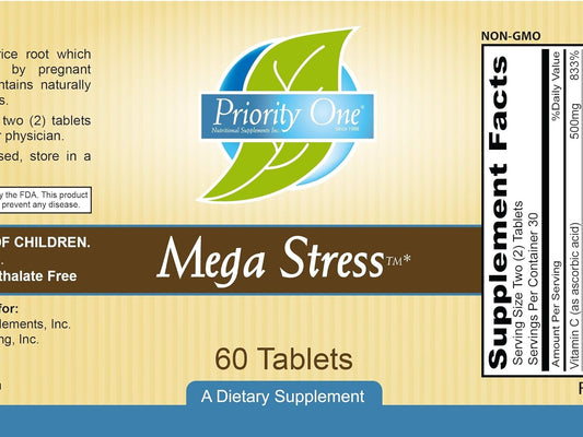 Priority One Vitamins Mega Stress 60 Tablets - B Vitamin Complex With The Benefits Of Adrenal
