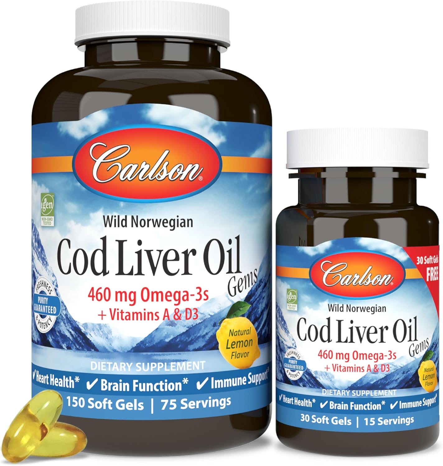 Carlson - Cod Liver Oil Gems, 460 Mg Omega-3S, Plus Vitamins A And D3, Wild Caught Norwegian Arctic Cod, Sustainably Sourced Nordic Fish Oil Capsules, Lemon, 150 + 30 Softgels : Health & Household