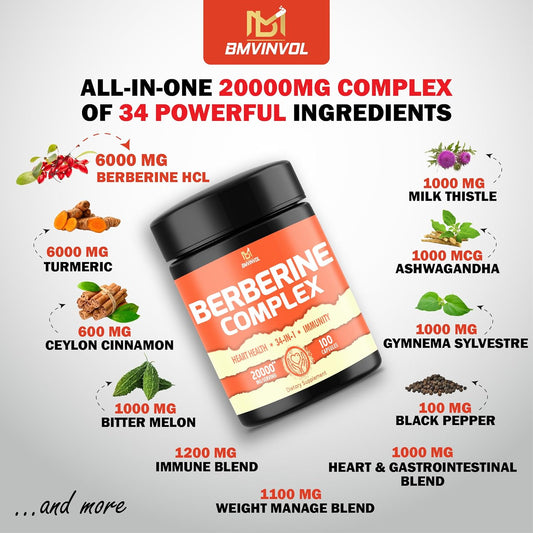 100 Capsules - 20000Mg Berberine Supplement With Ceylon Cinnamon, Turmeric, Bitter Melon, Milk Thistle & More - 34In1 Berberine Capsules For Immune System, Cardiovascular & Gastrointestinal Health