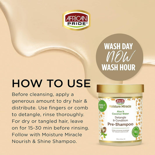 African Pride Moisture Miracle Aloe & Coconut Water Pre-Shampoo - Helps Minimize Hair Breakage for Natural Coils & Curls, Detangles & Conditions, 18 oz