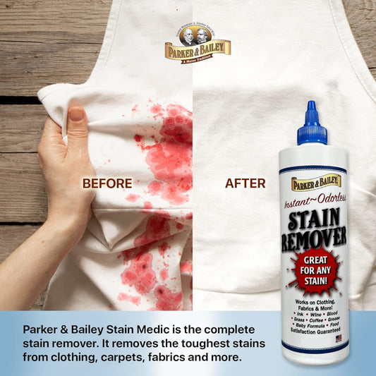 Parker & Bailey Liquid Stain Remover - Instant Stain Removal On Laundry Clothing Fabric Ink Grease Blood Grass Coffee Wine Food Carpet Upholstery Spot Cleaner Odor Free Detergent Booster, 8Oz
