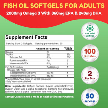 Halal Fish Oil 2000Mg Softgels With 360Mg Epa & 240Mg Dha. 100 Wild Caught & Non-Gmo Omega 3 Softgels For Heart & Brain Health. Burpless, Easy-To-Swallow Fish Oil Omega 3 Supplements