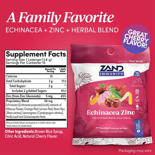 Zand Herbalozenge Cherry Echinacea Zinc | Throat Lozenges | No Corn Syrup, No Cane Sugar, No Colors (12 Bags, 15 Lozenges)