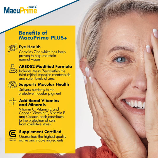 Macuprime Plus+ Eye Health Supplements β Areds2 Food Supplement Helps Maintain Normal Vision β Lutein, Meso-Zeaxanthin & Zeaxanthin, 120 Capsules β 1 Month Supply