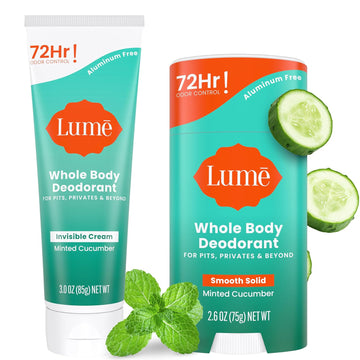 Lume Whole Body Deodorant - Invisible Cream And Solid - 72 Hour Odor Control - Aluminum Free, Baking Soda Free, Skin Safe - 3.0 Ounce Cream And 2.6 Ounce Solid Bundle (Minted Cucumber)
