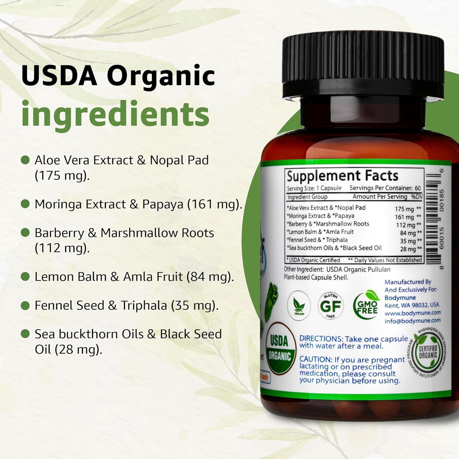 Bodymune AcidRelief All-Natural USDA Organic Acid Reducer, Acid Indigestion Relief, Heartburn Relief, Acid Relief Supplement - Unique Blend Vegan Non-GMO Gluten-Free USA Made - 60 Capsules : Health & Household