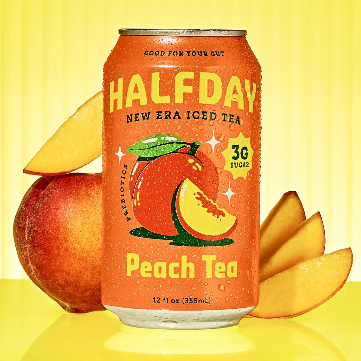 Halfday Prebiotic Peach Iced Tea Cans, Supports Digestive & Gut Health, 6G Plant Fiber & Prebiotics, Low Sugar, 35 Calories, Real Brewed Tea, Natural Caffeine, Gluten Free, Keto, 12 Fl Oz (12 Pack) Packaging May Vary