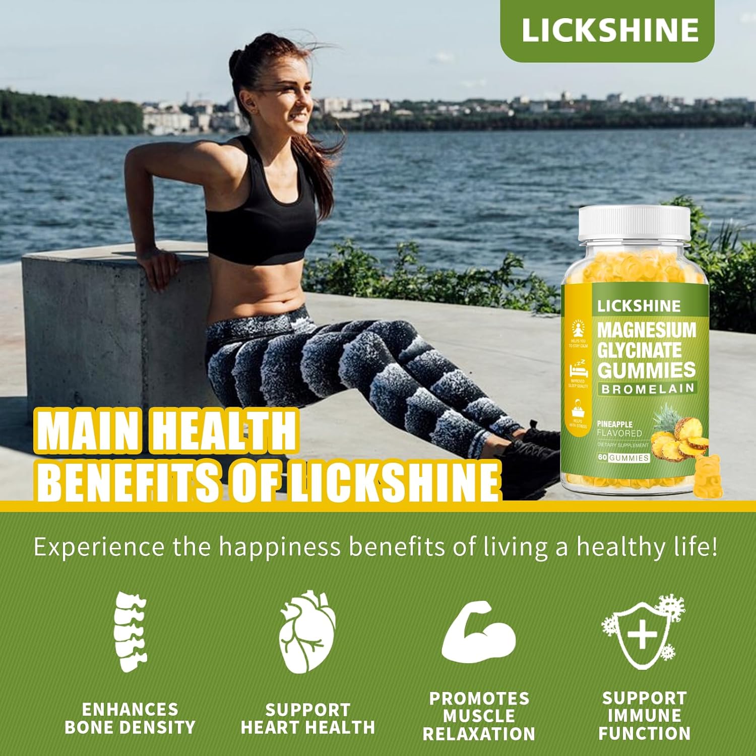 Lickshine 1 Pack Magnesium Glycinate Gummies 1000Mg, Calcium, Potassium, Bromelain, Vitamin D, B6, Coq10 Supplement For Relaxation, Calm Mood, Stress Relief And Sleep For Adults & Kids, 60 Counts : Health & Household