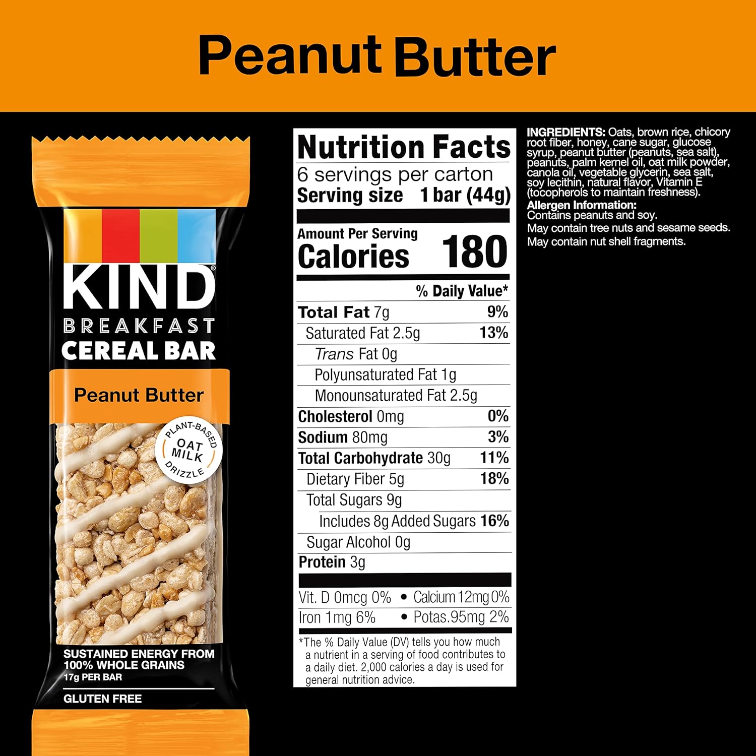 Kind Breakfast Cereal Bars, Gluten Free Snacks, Peanut Butter, 9.3Oz Box (6 Bars)