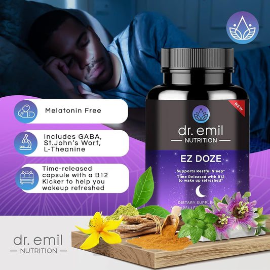 Dr. Emil Nutrition Ez Doze Melatonin-Free Natural Sleep Aid With L-Theanine, Gaba & 5Htp - Extra Strength Sleeping Pills For Adults - Safe And Non-Habit Forming (60 Veggie Capsules)