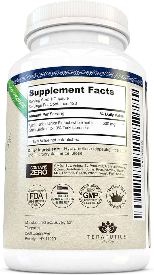 Turkesterone Supplement 500Mg, 120 Caps Natural Testosterone Booster For Men Muscle Strength Growth Support