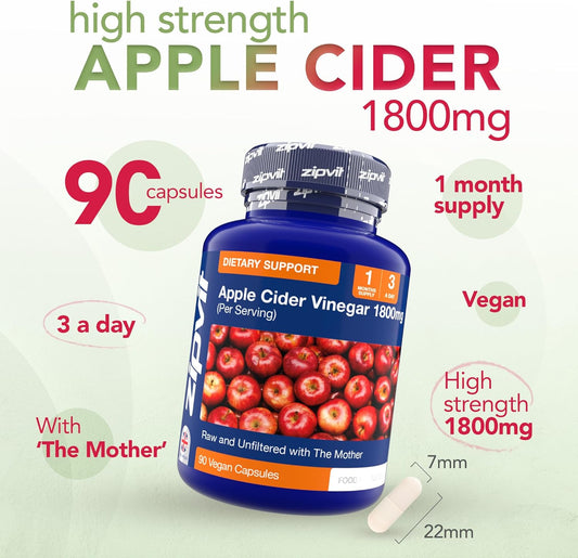 Zipvit Apple Cider Vinegar With Mother 1800Mg, 90 Vegan Capsules, Raw & Unfiltered Acv, High Strength, No Aftertaste