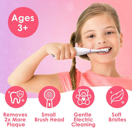 BrusheezĀ® Kidsā Electric Toothbrush Set - Safe & Effective for Ages 3+ - Parent Tested & Approved with Gentle Bristles, 2 Brush Heads, Rinse Cup, 2-Minute Timer, & Storage Base (Sparkle the Unicorn)
