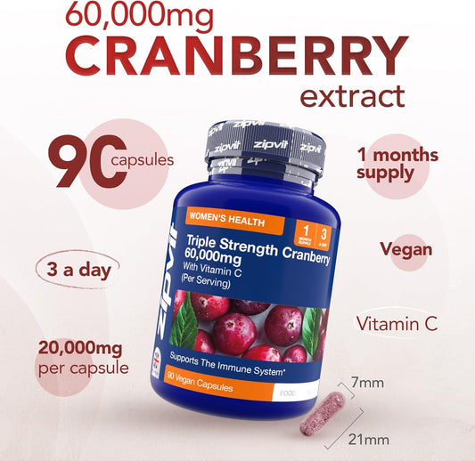 Zipvit Triple Strength Cranberry 60,000Mg, High Strength Cranberry Extract With Vitamin C, 90 Vegan Capsules For Immune Support, 1 Month Supply, Supplement For Men & Women