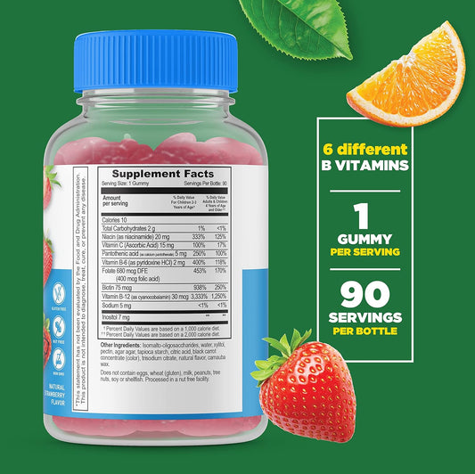 Lifeable Sugar Free B Complex With Vitamin C For Kids  Great Tasting Natural Flavor Gummy Supplement  With Niacin, Vitamin C, Pantothenic Acid, B6, Folate, Biotin, B12  Energy Support  90 Gummies