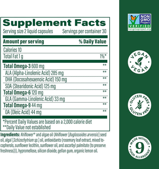 Megafood Vegan Omega 3 6 9 - Burp-Less Supplement - 600 Mg Plant-Based Omega-3 & 150 Mg Dha Per Serving - Heart, Brain, Vision & Joint Support - Fish Oil Alternative - 60 Capsules, 30 Servings