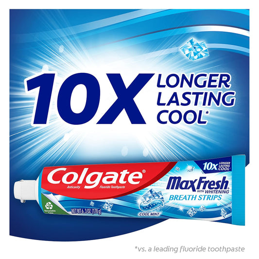 Colgate Max Fresh With Whitening Toothpaste With Mini Breath Strips, Clean Mint Toothpaste For Bad Breath, 6.3 Oz Tube