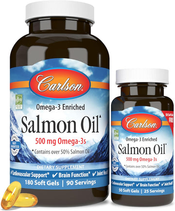 Carlson Salmon Oil, 500Mg Omega-3S, Wild-Caught Norwegian Fish Oil, Sustainably Sourced, 50 Softgels