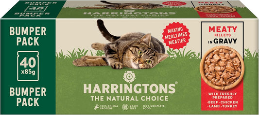 Harringtons Complete Wet Pouch Grain Free Hypoallergenic Adult Cat Food Meaty In Gravy Pack 40X85G - Beef, Chicken, Lamb & Turkey - Making Mealtimes MeatierHarrwcatg-C40